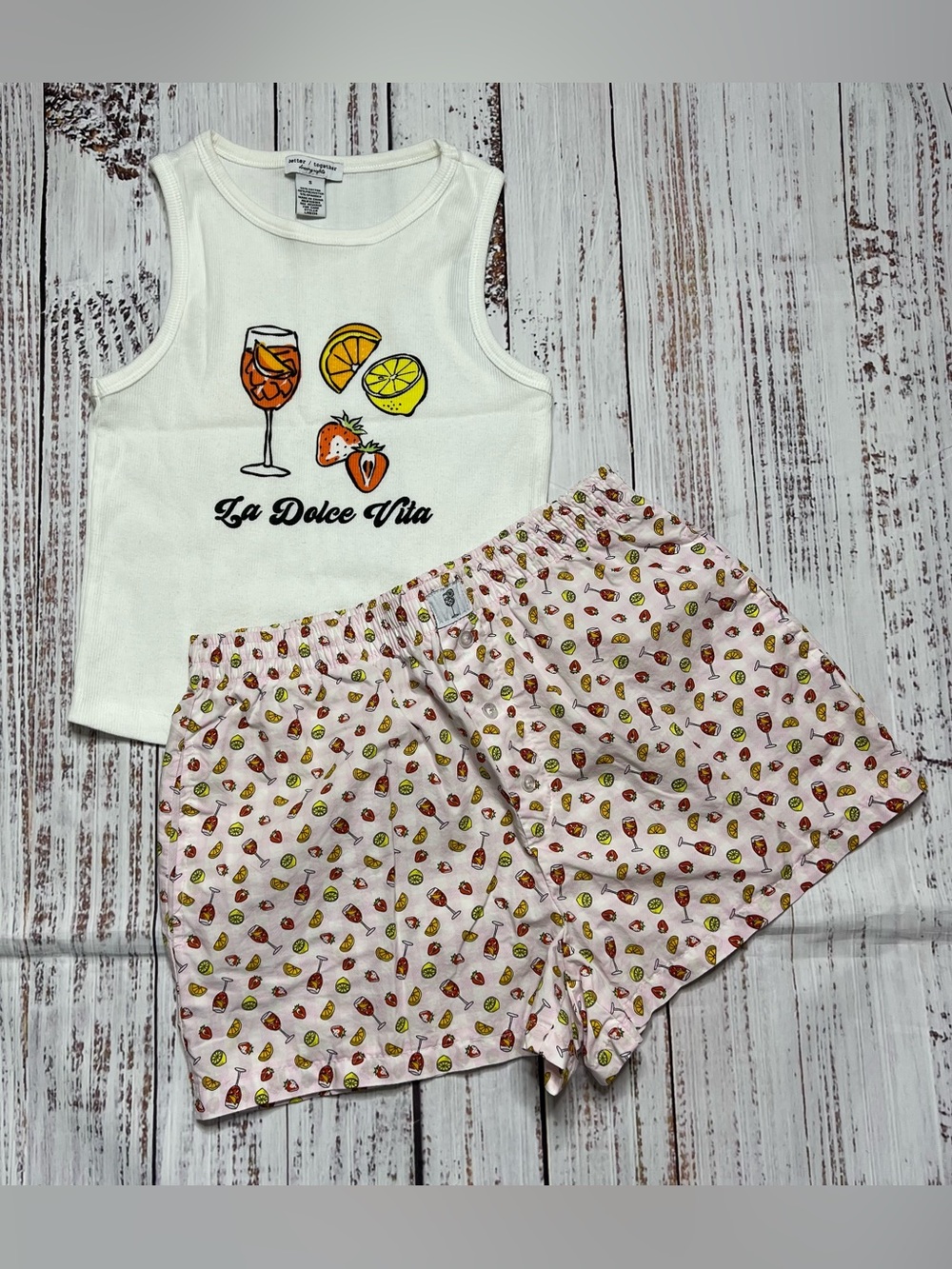 White Tank Top with Pink Fruit-Print Sleep Shorts Two Set
